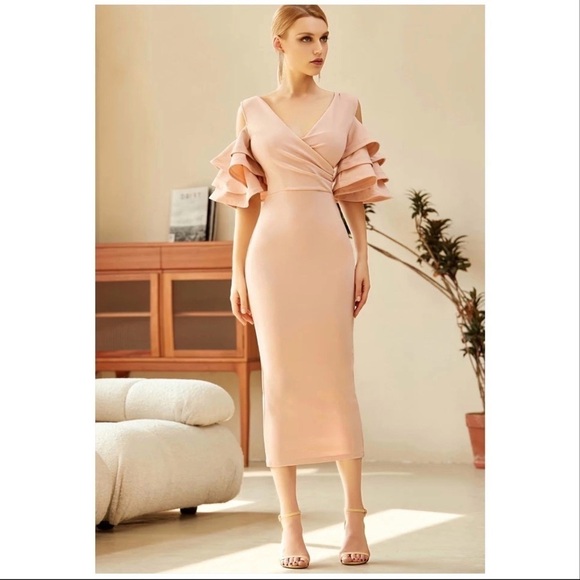 Bodycon Club Dress Sexy Deep V Neck Ruffles Butterfly Short Sleeve Midi size M - Picture 1 of 14